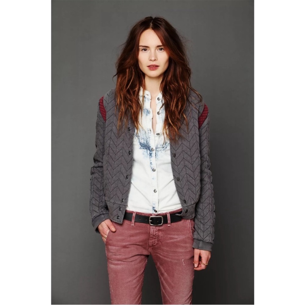Free People New Romantics Quilted Baseball Jacket Sweater Gray Size Small